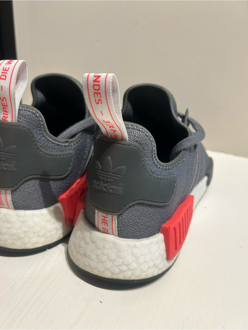 Adidas NMD R1 Grey with Navy Blue and Red Accents, Men’s size 13